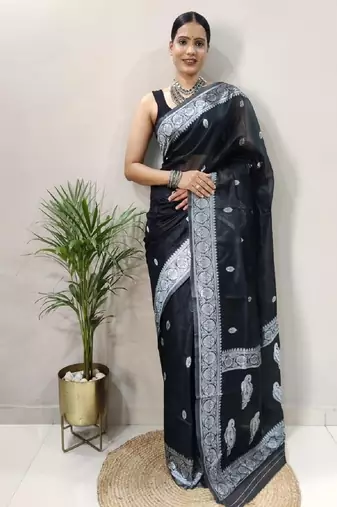 Black soft cotton spun designer party wear saree with unstitched blousea piece
