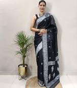 Black cotton spun saree with unstitched blousea piece