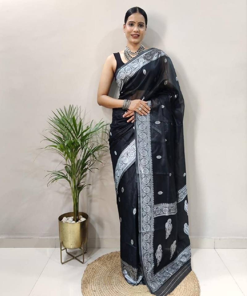 Black soft cotton spun designer party wear saree with unstitched blousea piece