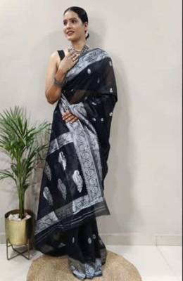 Black cotton spun saree with unstitched blousea piece 2