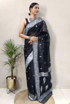 Black cotton spun saree with unstitched blousea piece 3