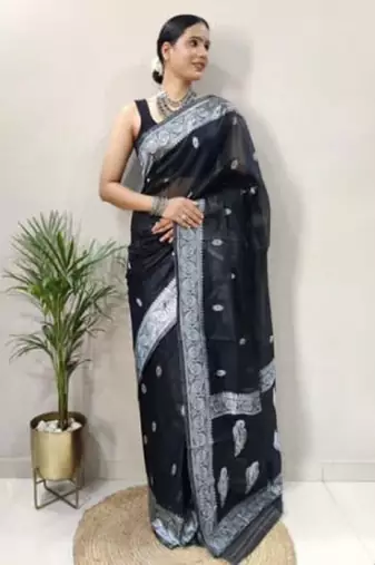 Black cotton spun saree with unstitched blousea piece
