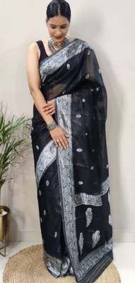Black cotton spun saree with unstitched blousea piece 4