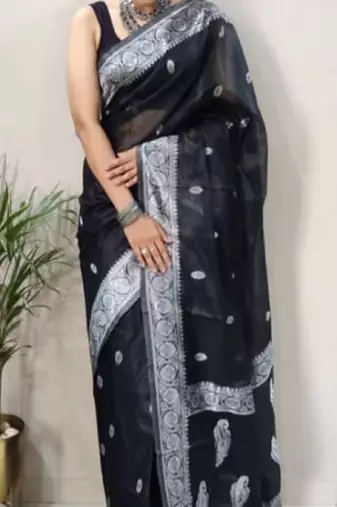 Black cotton spun saree with unstitched blousea piece
