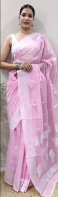 Babypink cotton spun saree with unstitched blousea piece 1