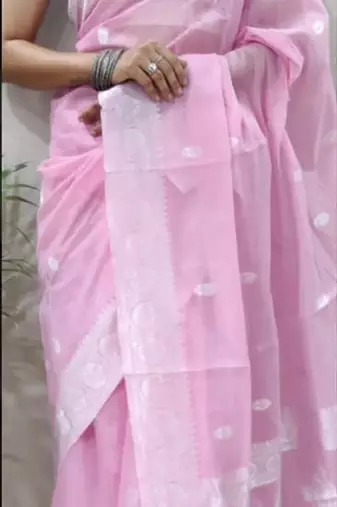 Babypink cotton spun saree with unstitched blousea piece