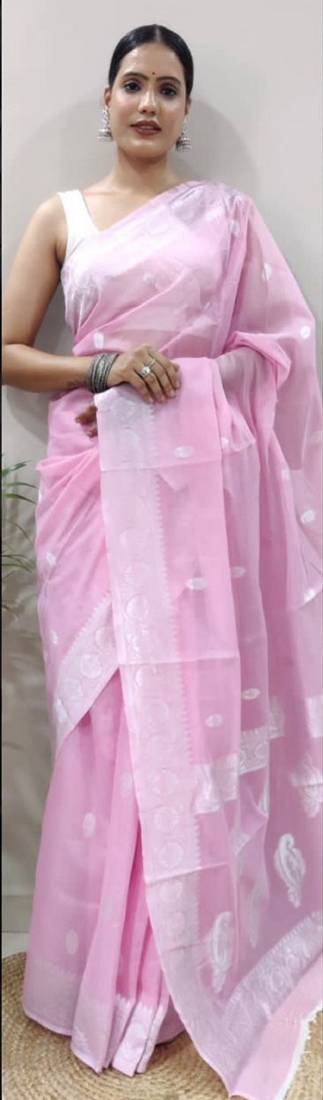 Babypink soft cotton spun designer party wear saree with unstitched blousea piece