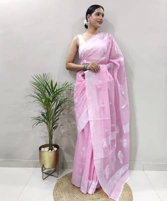 Babypink cotton spun saree with unstitched blousea piece 2