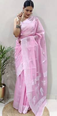Babypink cotton spun saree with unstitched blousea piece 3