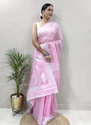 Babypink cotton spun saree with unstitched blousea piece 4