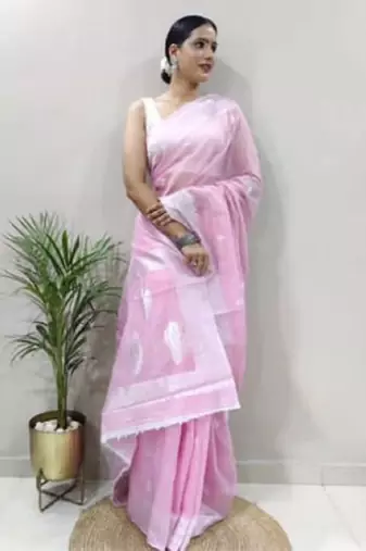 Babypink cotton spun saree with unstitched blousea piece