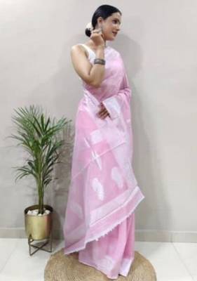 Babypink cotton spun saree with unstitched blousea piece 5