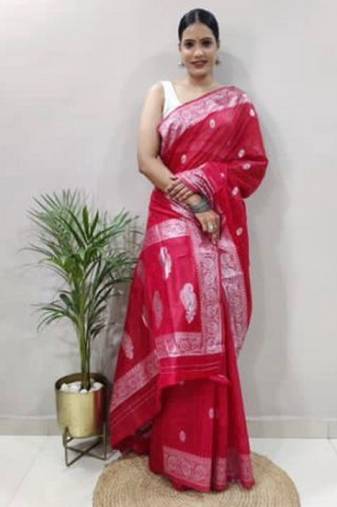 Red soft cotton spun designer party wear saree with unstitched blousea piece
