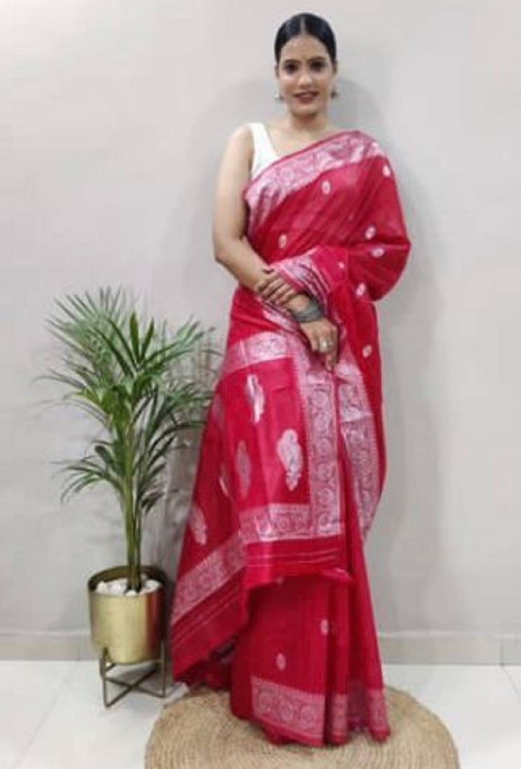 Red soft cotton spun designer party wear saree with unstitched blousea piece