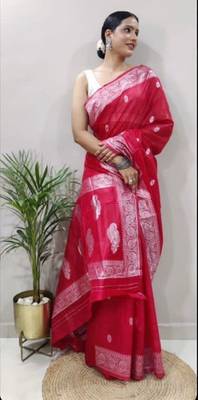 Red cotton spun saree with unstitched blousea piece 5