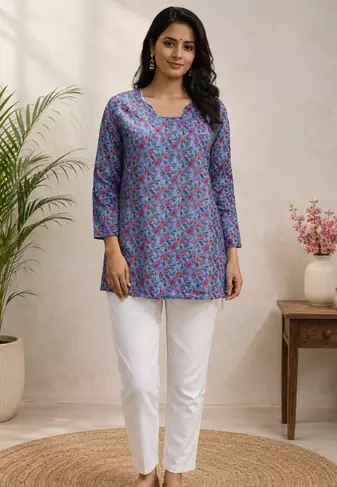 SKY BLUE  REYON WITH DIGITAL PRINTED STYLISH WEAR KURTI 