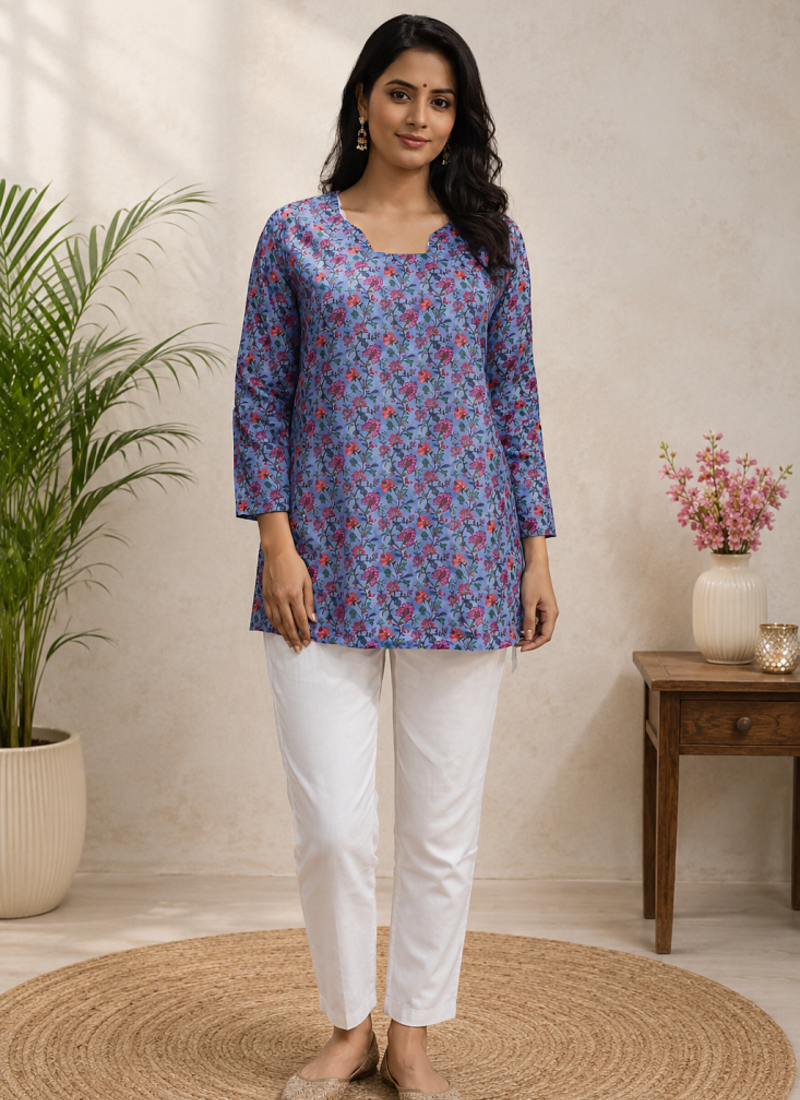 SKY BLUE  REYON WITH DIGITAL PRINTED STYLISH WEAR KURTI 
