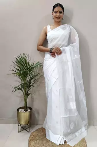 White soft cotton spun designer party wear saree with unstitched blousea piece