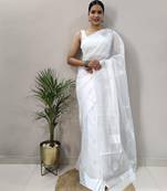 White cotton spun saree with unstitched blousea piece
