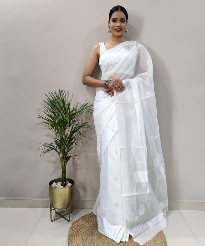 White soft cotton spun designer party wear saree with unstitched blousea piece