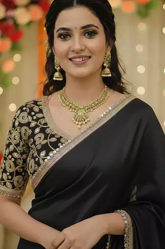 Black satin saree embroidery saree with embroidery unstitched blouse piece