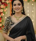 Black satin saree embroidery saree with embroidery unstitched blouse piece