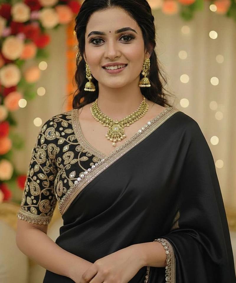 Black soft  japan satin saree embroidery work designer party wear saree with embroidery unstitched blouse piece
