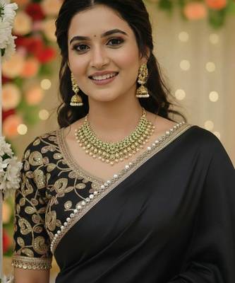 Black satin saree embroidery saree with embroidery unstitched blouse piece 2