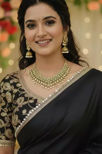 Black satin saree embroidery saree with embroidery unstitched blouse piece