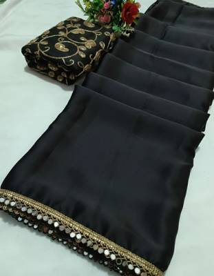 Black satin saree embroidery saree with embroidery unstitched blouse piece 3