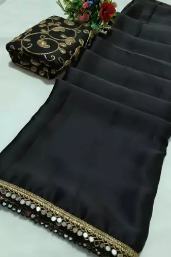 Black satin saree embroidery saree with embroidery unstitched blouse piece