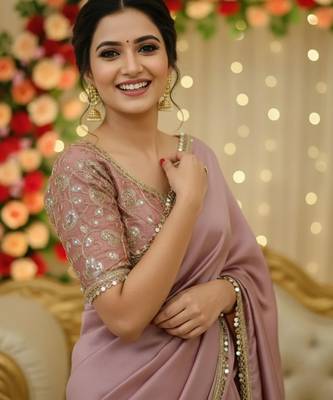 Onion satin saree embroidery saree with embroidery unstitched blouse piece 1