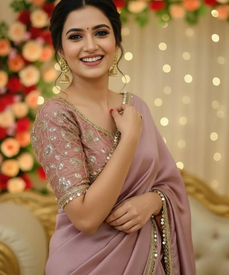 Onion   soft  japan satin saree embroidery work designer party wear saree with embroidery unstitched blouse piece