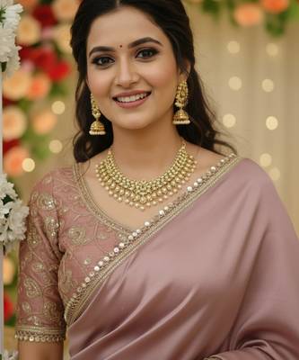 Onion satin saree embroidery saree with embroidery unstitched blouse piece 2