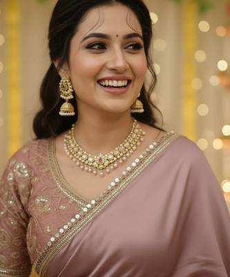 Onion satin saree embroidery saree with embroidery unstitched blouse piece 3