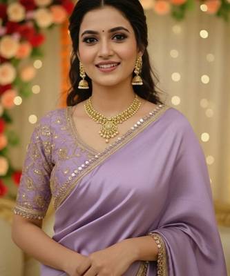 Lavender satin saree embroidery saree with embroidery unstitched blouse piece 1