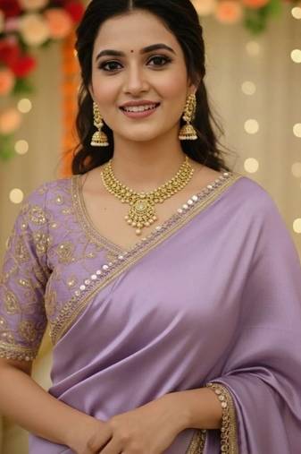 Lavender satin saree embroidery saree with embroidery unstitched blouse piece