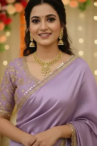 Lavender satin saree embroidery saree with embroidery unstitched blouse piece