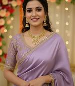 Lavender soft japan satin saree embroidery work designer party wear saree with embroidery unstitched blouse piece