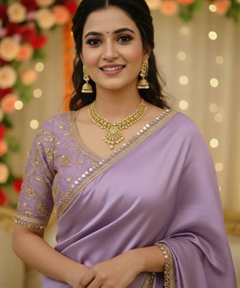 Lavender  soft  japan satin saree embroidery work designer party wear saree with embroidery unstitched blouse piece