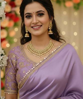 Lavender satin saree embroidery saree with embroidery unstitched blouse piece 2