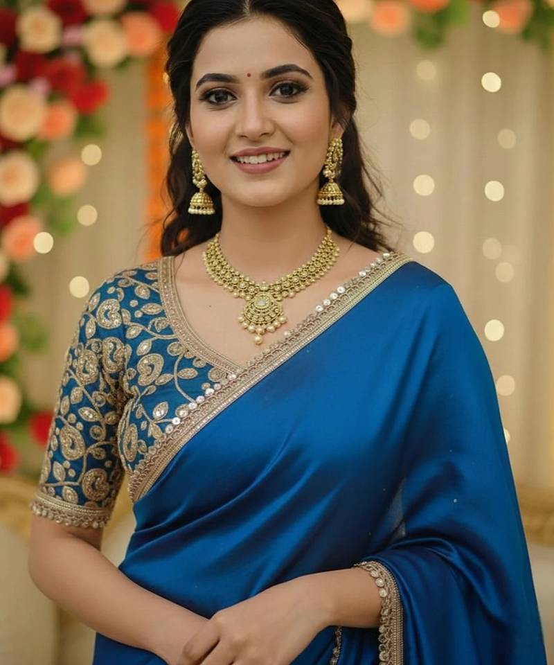 Morpich soft  japan satin saree embroidery work designer party wear saree with embroidery unstitched blouse piece