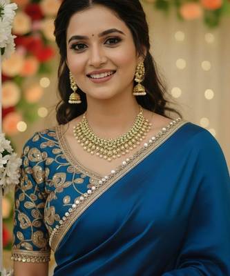 Morpich satin saree embroidery saree with embroidery unstitched blouse piece 2
