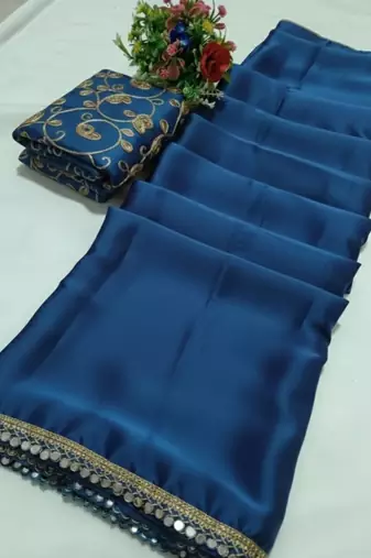 Morpich satin saree embroidery saree with embroidery unstitched blouse piece