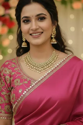 Pink satin saree embroidery saree with embroidery unstitched blouse piece