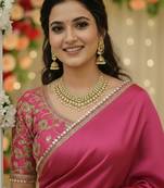Pink satin saree embroidery saree with embroidery unstitched blouse piece