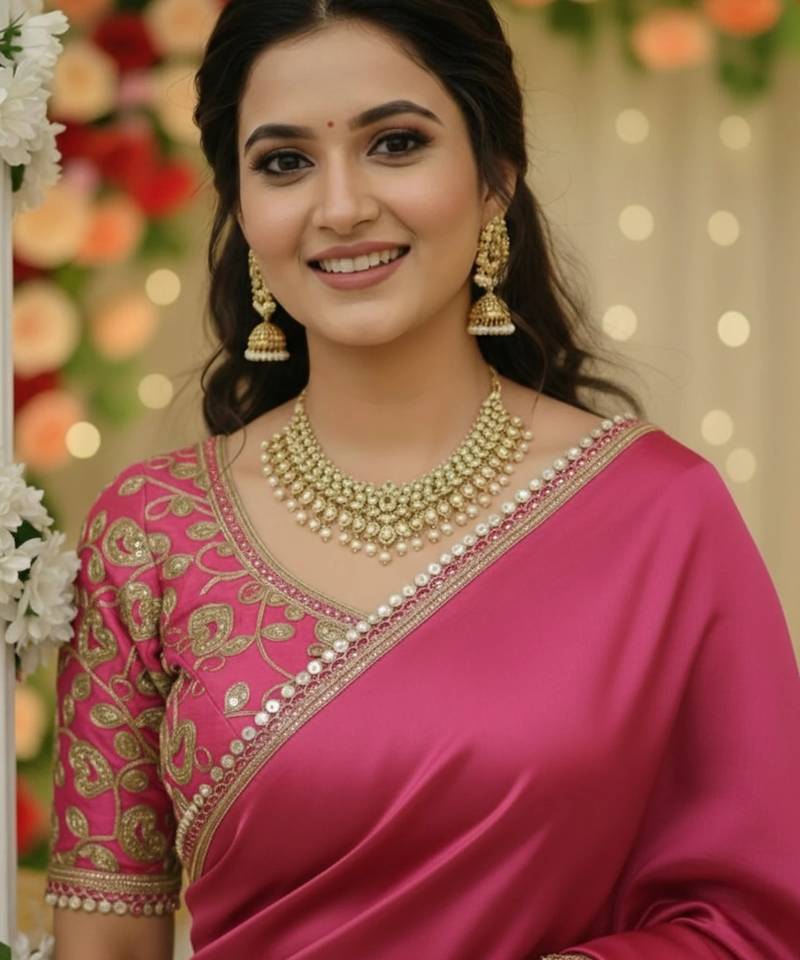 Pink soft  japan satin saree embroidery work designer party wear saree with embroidery unstitched blouse piece