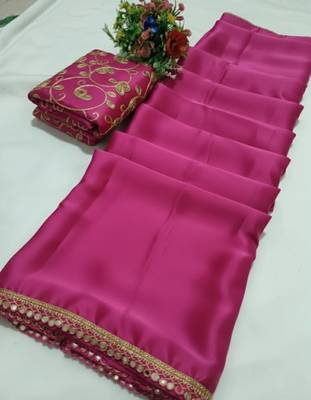 Pink satin saree embroidery saree with embroidery unstitched blouse piece 2