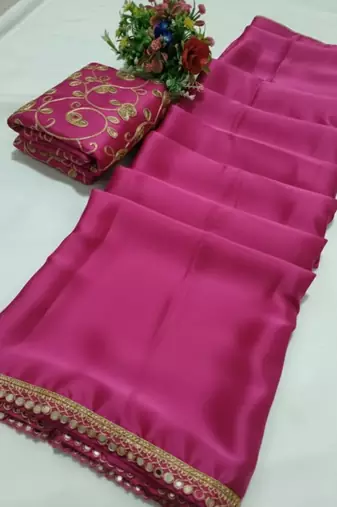 Pink satin saree embroidery saree with embroidery unstitched blouse piece
