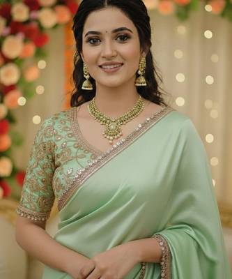 Pista green satin saree embroidery saree with embroidery unstitched blouse piece 1